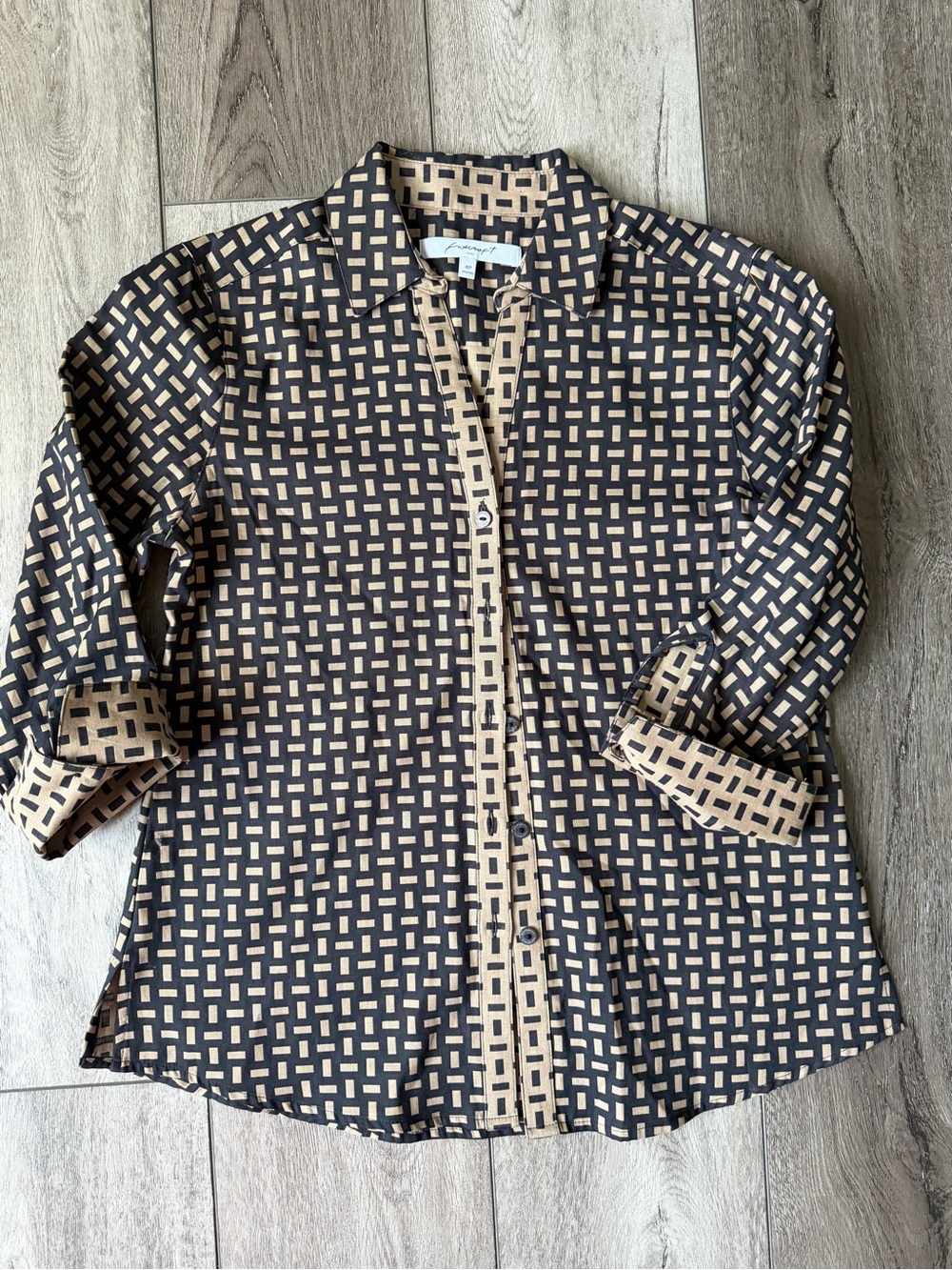 Foxcroft Black & Tan Geometric Button-Front Blouse- NWOT